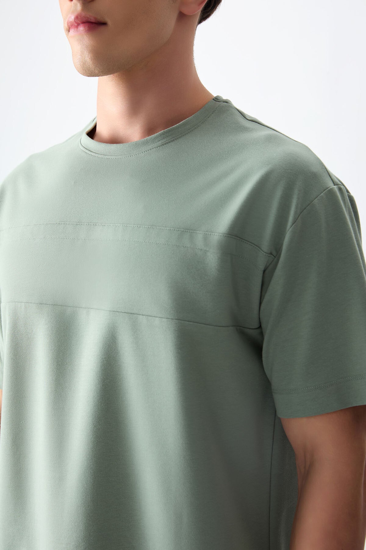 Light Green Cotton Thick Soft Textured Oversize Fit Basic Men's T-Shirt - 88378