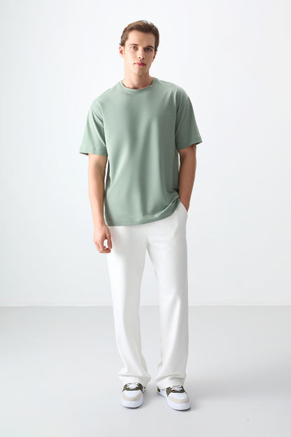 Light Green Cotton Thick Soft Textured Oversize Fit Basic Men's T-Shirt - 88377