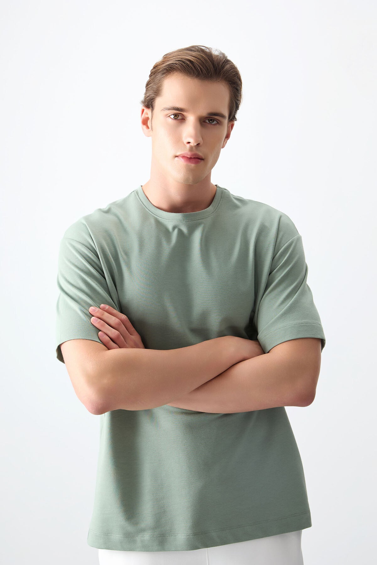 Light Green Cotton Thick Soft Textured Oversize Fit Basic Men's T-Shirt - 88377