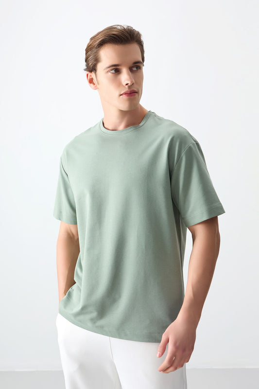 Light Green Cotton Thick Soft Textured Oversize Fit Basic Men's T-Shirt - 88377