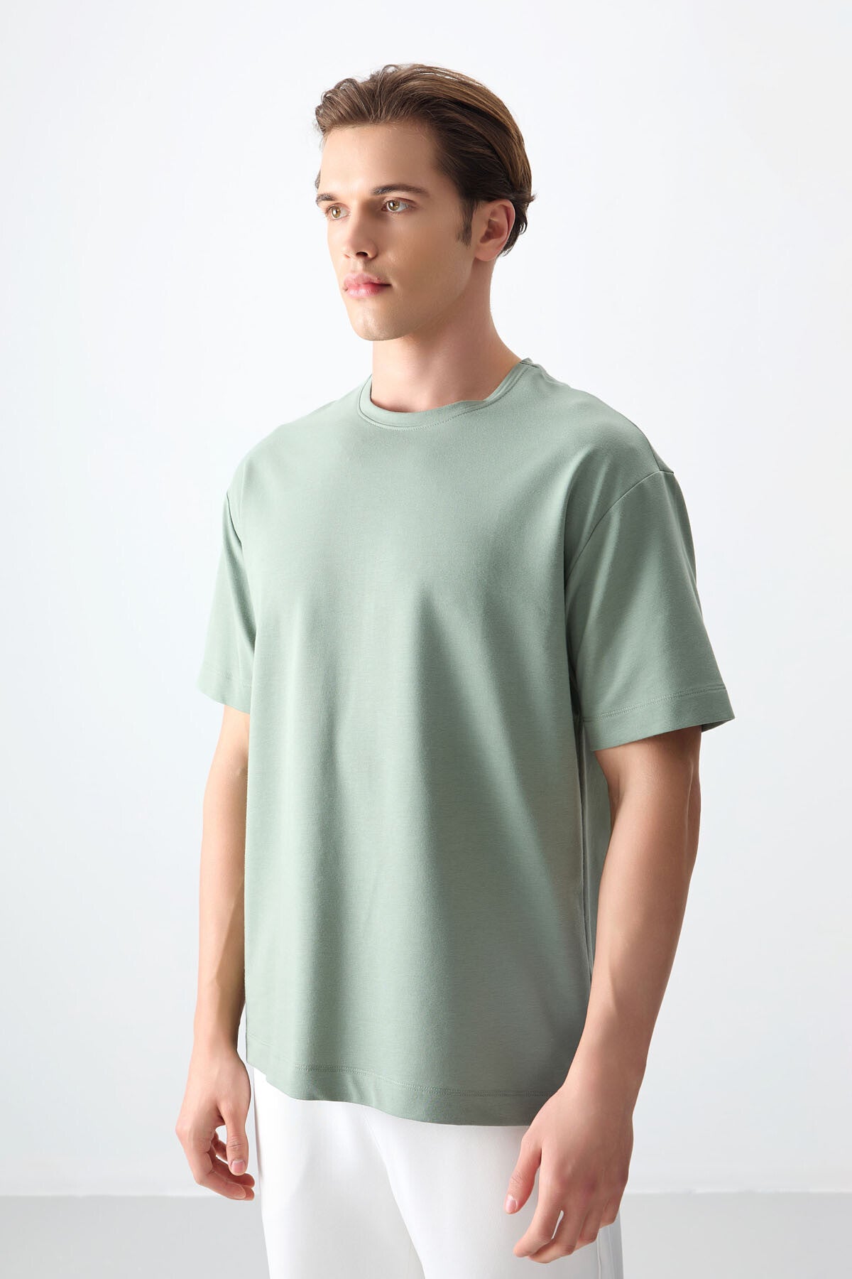 Light Green Cotton Thick Soft Textured Oversize Fit Basic Men's T-Shirt - 88377