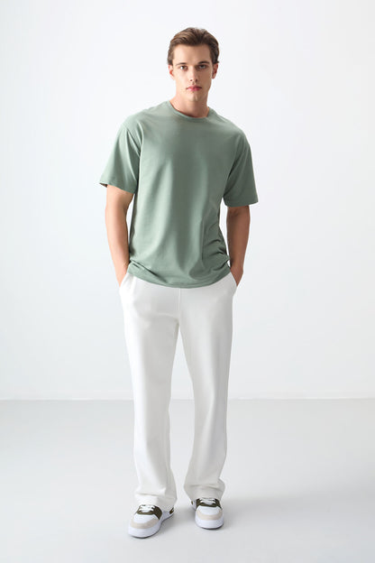 Light Green Cotton Thick Soft Textured Oversize Fit Basic Men's T-Shirt - 88377
