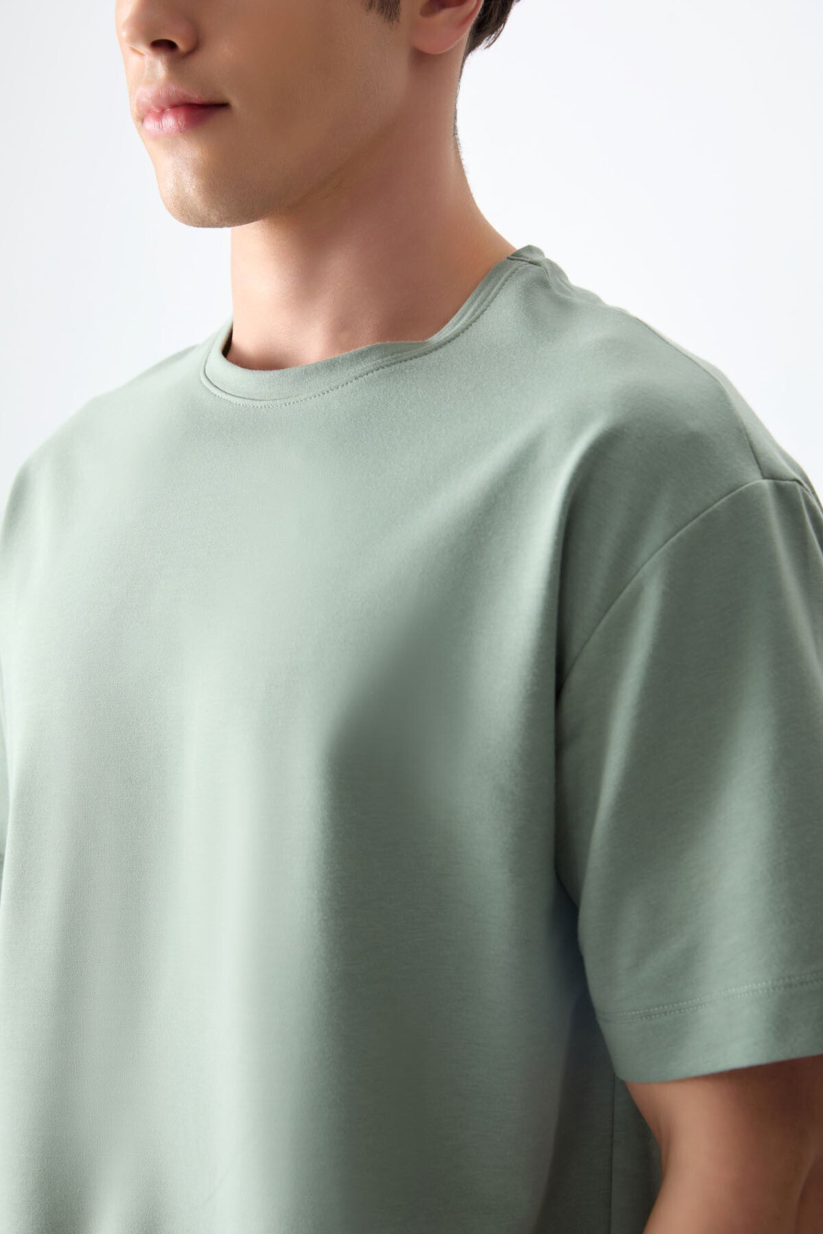 Light Green Cotton Thick Soft Textured Oversize Fit Basic Men's T-Shirt - 88377