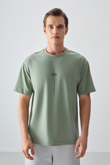 Light Green Cotton Thick Soft Textured Oversize Fit Printed Men's T-Shirt - 88373