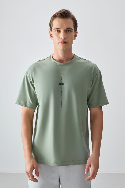 Light Green Cotton Thick Soft Textured Oversize Fit Printed Men's T-Shirt - 88373