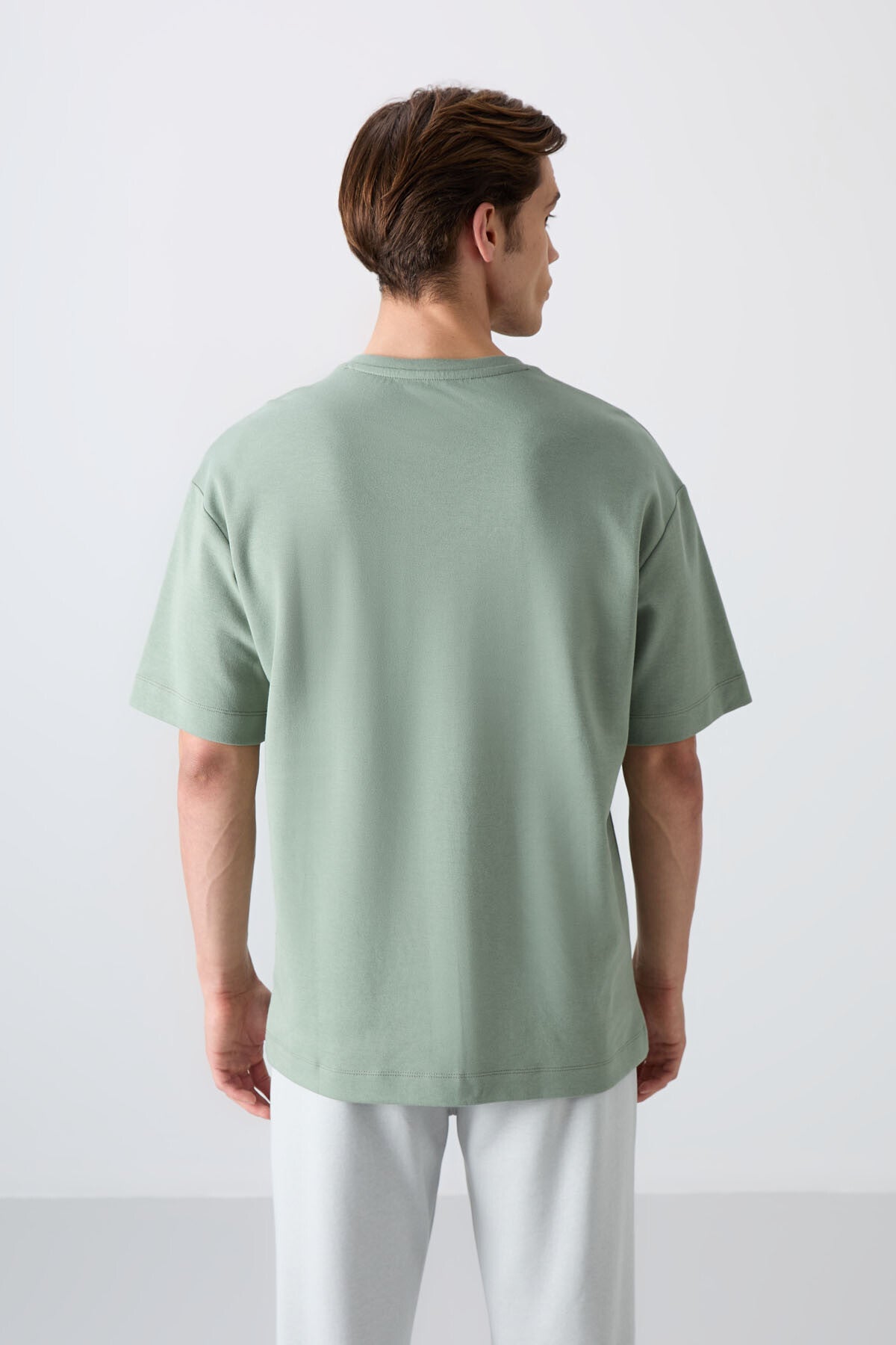Light Green Cotton Thick Soft Textured Oversize Fit Printed Men's T-Shirt - 88324