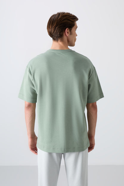 Light Green Cotton Thick Soft Textured Oversize Fit Printed Men's T-Shirt - 88324