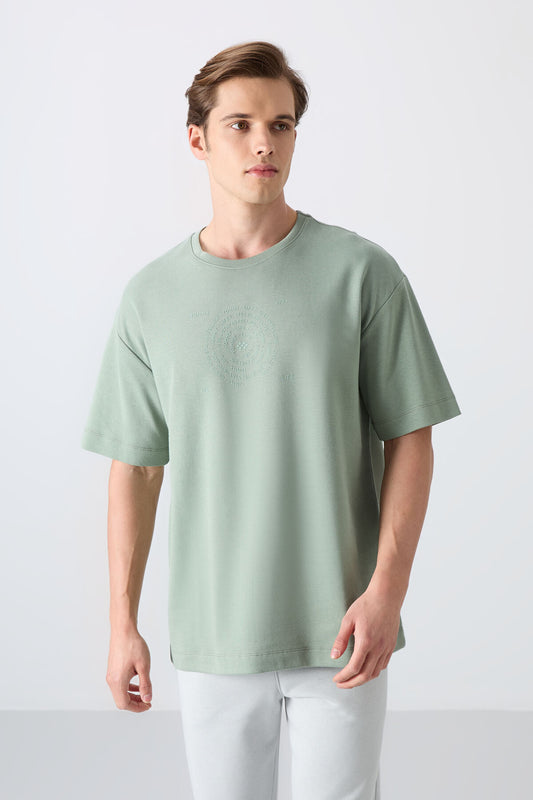 Light Green Cotton Thick Soft Textured Oversize Fit Printed Men's T-Shirt - 88324