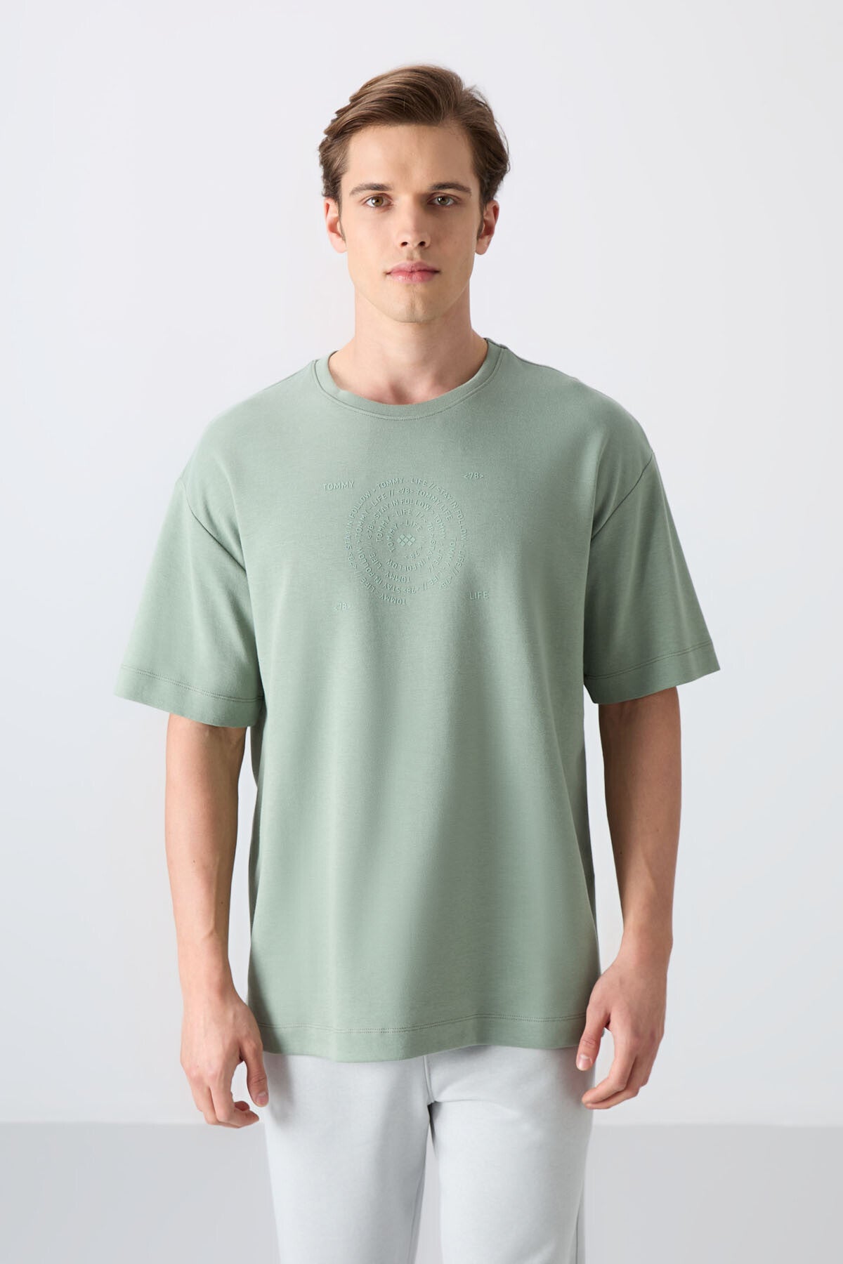 Light Green Cotton Thick Soft Textured Oversize Fit Printed Men's T-Shirt - 88324