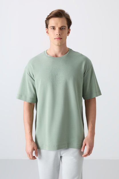 Light Green Cotton Thick Soft Textured Oversize Fit Printed Men's T-Shirt - 88324