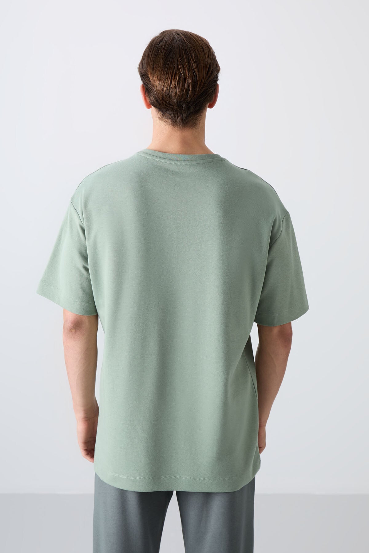 Light Green Cotton Thick Soft Textured Oversize Fit Printed Men's T-Shirt - 88325