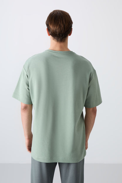 Light Green Cotton Thick Soft Textured Oversize Fit Printed Men's T-Shirt - 88325