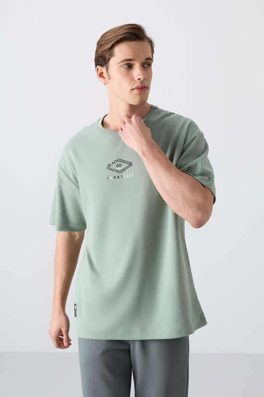 Light Green Cotton Thick Soft Textured Oversize Fit Printed Men's T-Shirt - 88325