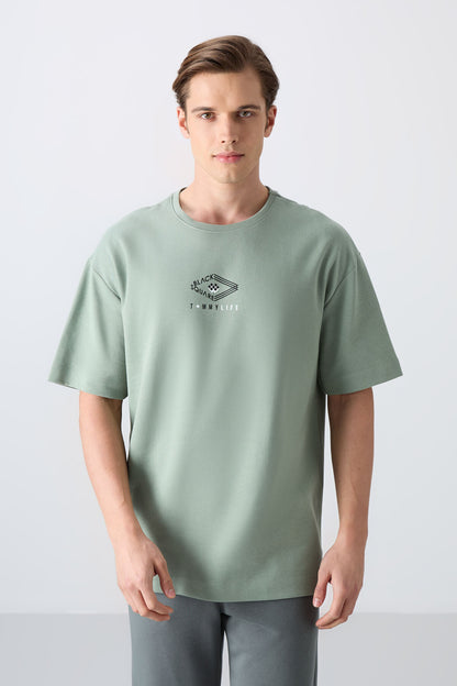 Light Green Cotton Thick Soft Textured Oversize Fit Printed Men's T-Shirt - 88325