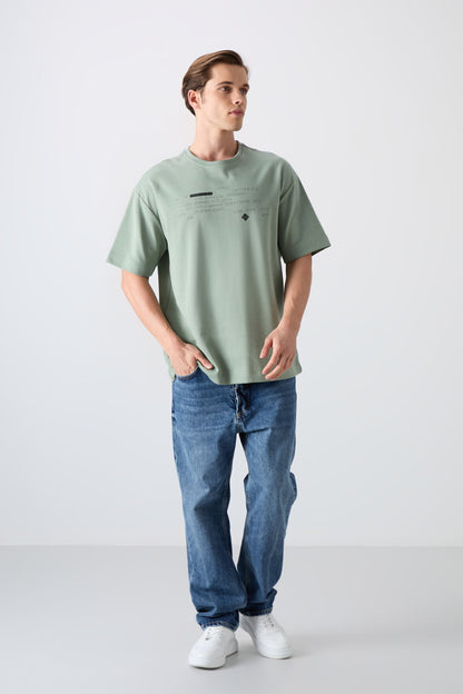 Light Green Cotton Thick Soft Textured Oversize Fit Printed Men's T-Shirt - 88326