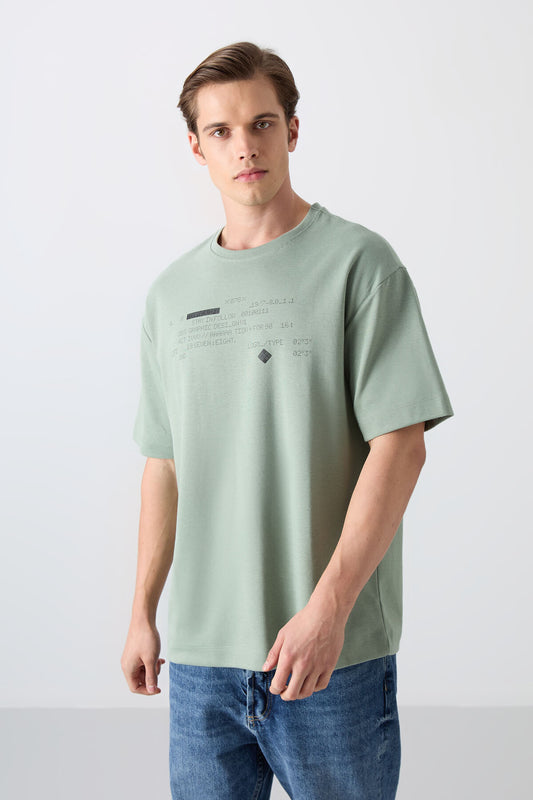 Light Green Cotton Thick Soft Textured Oversize Fit Printed Men's T-Shirt - 88326