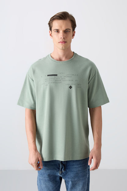 Light Green Cotton Thick Soft Textured Oversize Fit Printed Men's T-Shirt - 88326