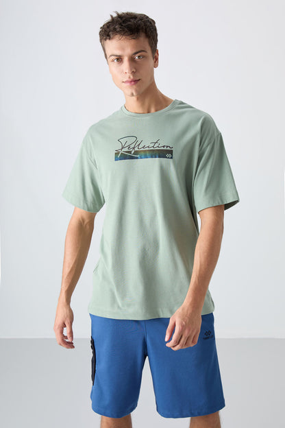 Light Green Cotton Thick Soft Textured Oversize Fit Printed Men's T-Shirt - 88334
