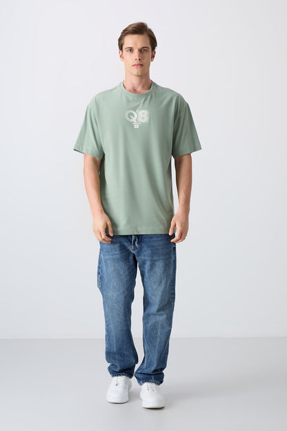 Light Green Cotton Thick Soft Textured Oversize Fit Printed Men's T-Shirt - 88333