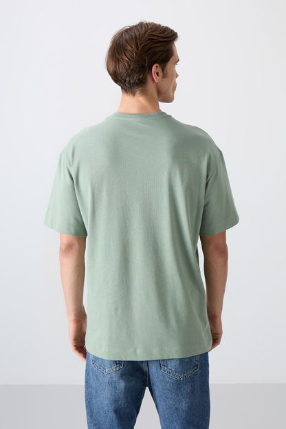 Light Green Cotton Thick Soft Textured Oversize Fit Printed Men's T-Shirt - 88333