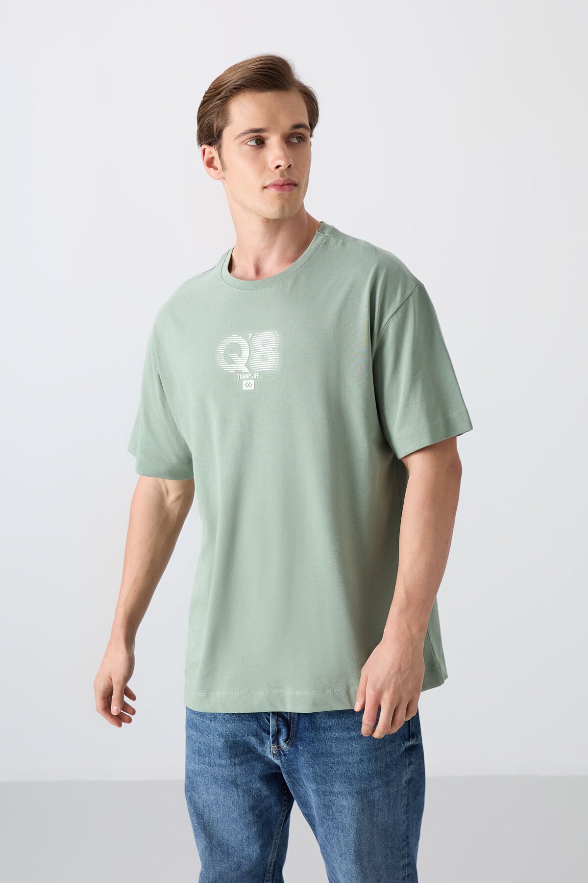 Light Green Cotton Thick Soft Textured Oversize Fit Printed Men's T-Shirt - 88333