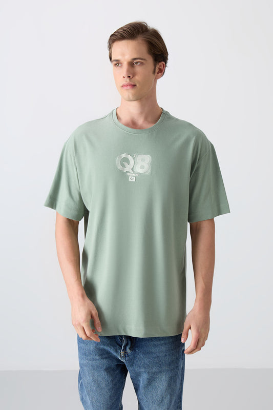 Light Green Cotton Thick Soft Textured Oversize Fit Printed Men's T-Shirt - 88333