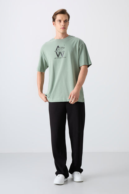 Light Green Cotton Thick Soft Textured Oversize Fit Printed Men's T-Shirt - 88332