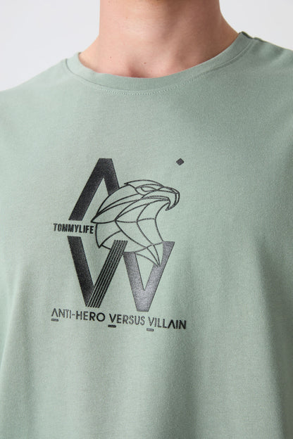 Light Green Cotton Thick Soft Textured Oversize Fit Printed Men's T-Shirt - 88332