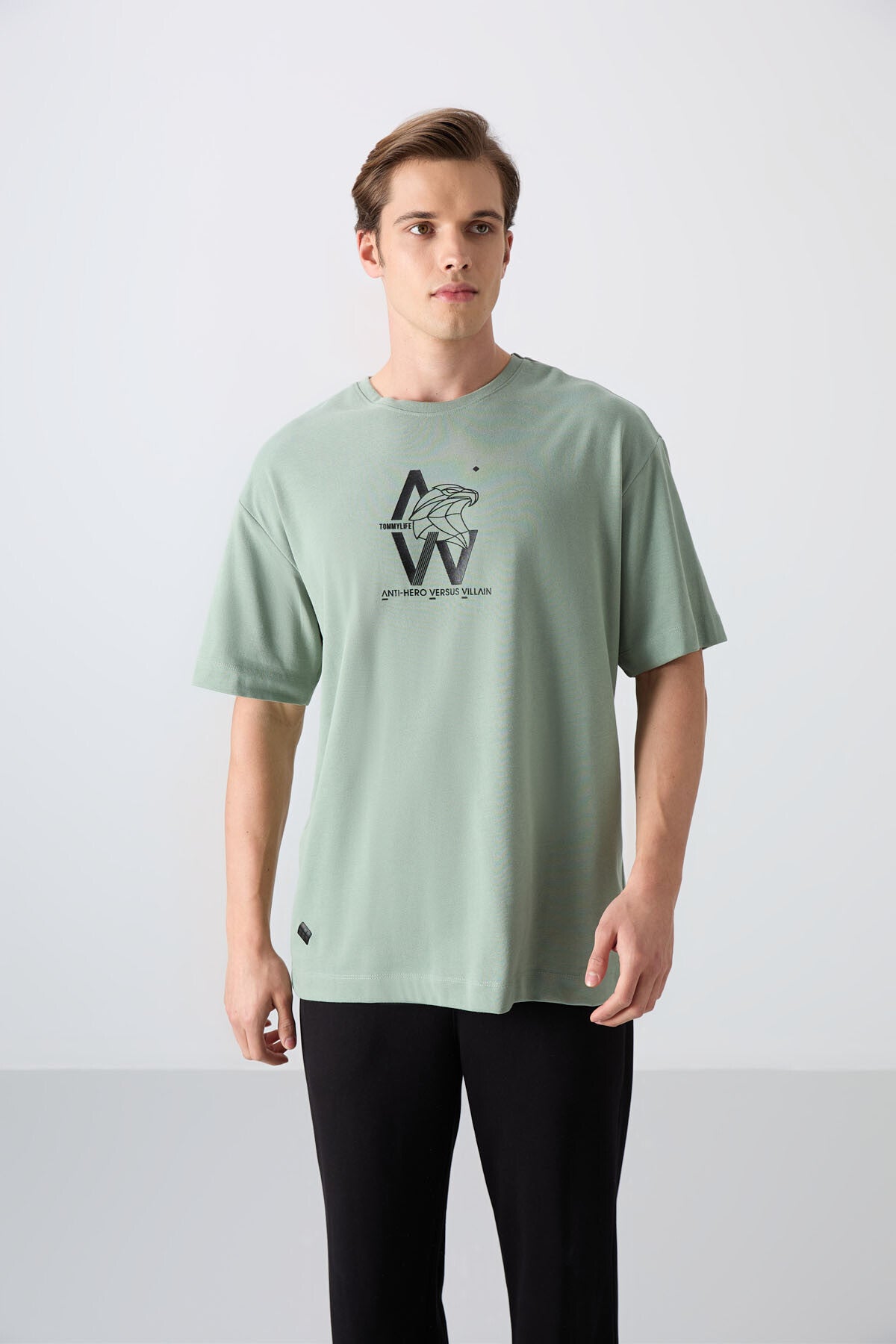 Light Green Cotton Thick Soft Textured Oversize Fit Printed Men's T-Shirt - 88332