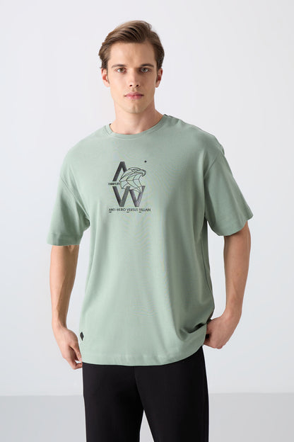 Light Green Cotton Thick Soft Textured Oversize Fit Printed Men's T-Shirt - 88332