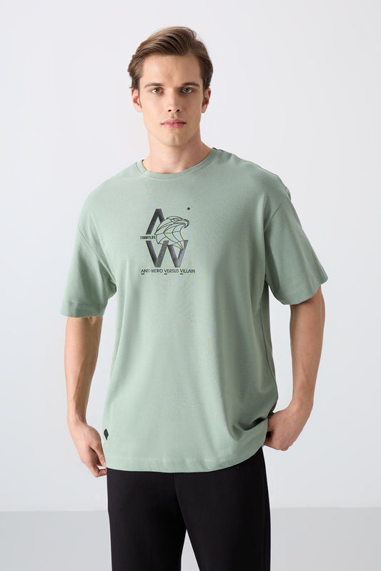 Light Green Cotton Thick Soft Textured Oversize Fit Printed Men's T-Shirt - 88332