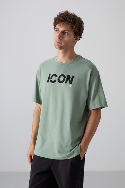 Light Green Cotton Thick Soft Textured Oversize Fit Printed Men's T-Shirt - 88331