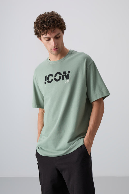 Light Green Cotton Thick Soft Textured Oversize Fit Printed Men's T-Shirt - 88331