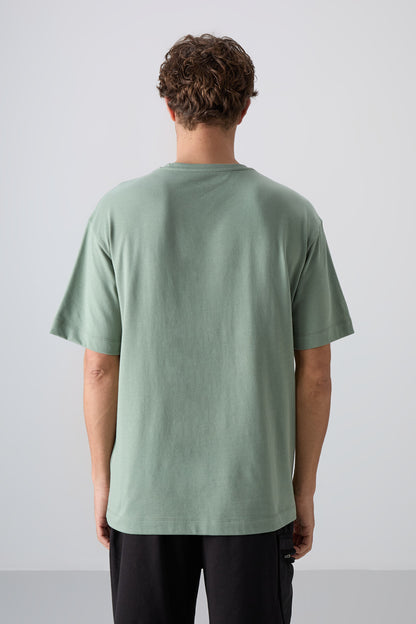 Light Green Cotton Thick Soft Textured Oversize Fit Printed Men's T-Shirt - 88331