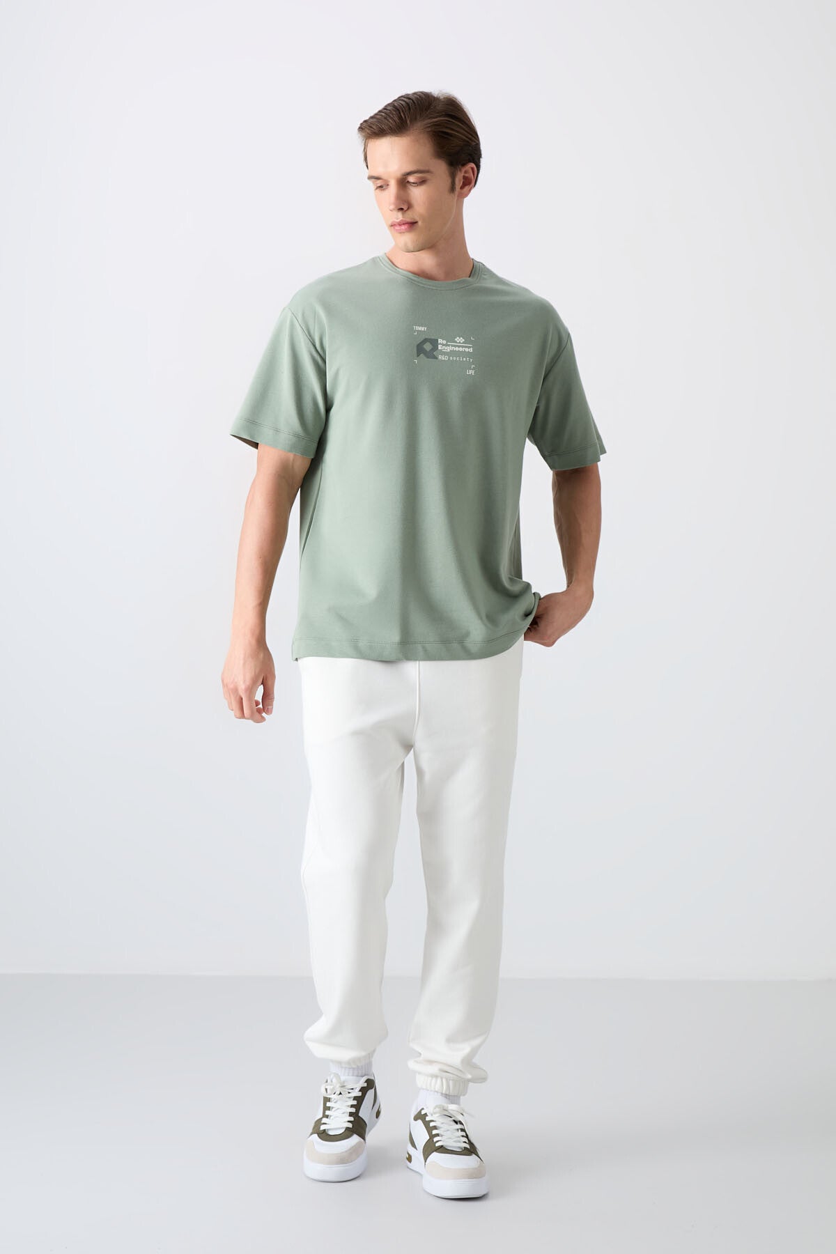Light Green Cotton Thick Soft Textured Oversize Fit Printed Men's T-Shirt - 88350