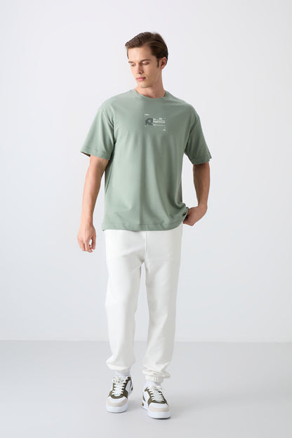 Light Green Cotton Thick Soft Textured Oversize Fit Printed Men's T-Shirt - 88350