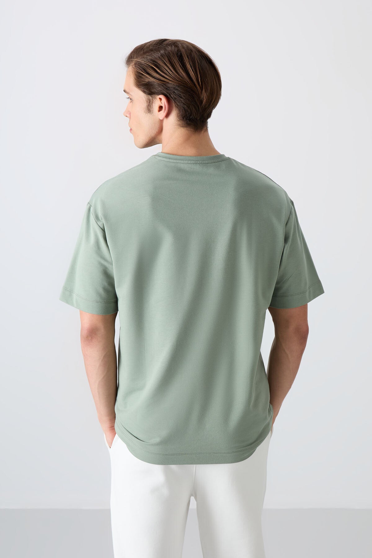 Light Green Cotton Thick Soft Textured Oversize Fit Printed Men's T-Shirt - 88350