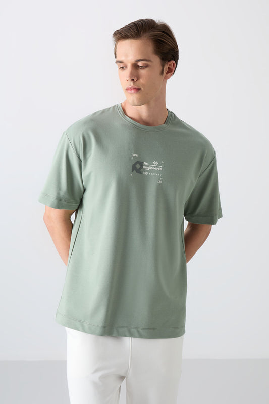 Light Green Cotton Thick Soft Textured Oversize Fit Printed Men's T-Shirt - 88350