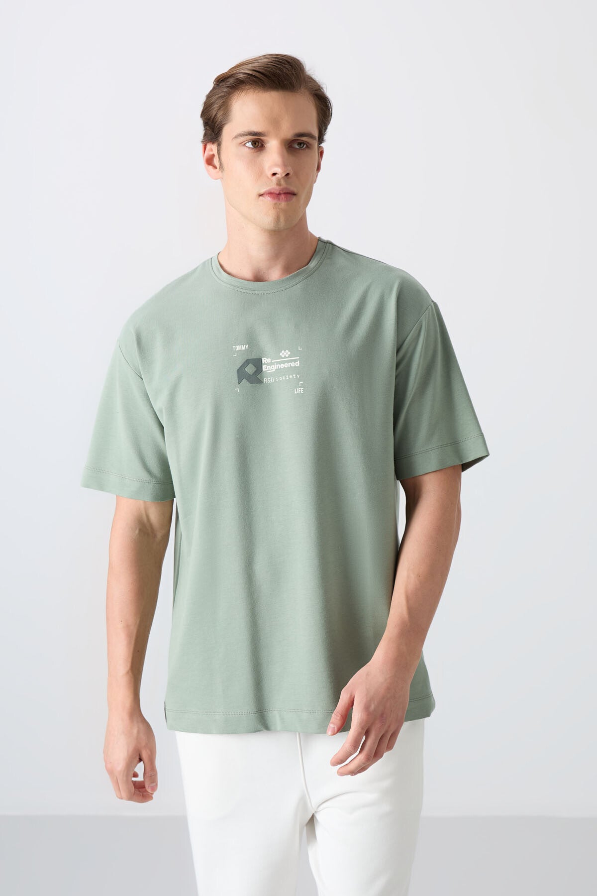 Light Green Cotton Thick Soft Textured Oversize Fit Printed Men's T-Shirt - 88350