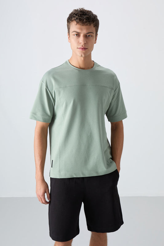Light Green Cotton Thick Soft Textured Oversize Fit Basic Men's T-Shirt - 88349