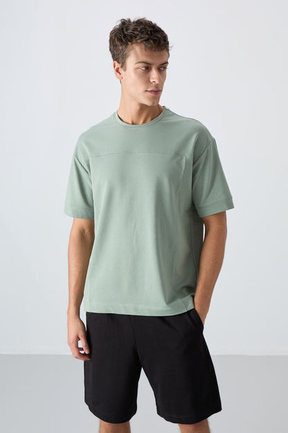 Light Green Cotton Thick Soft Textured Oversize Fit Basic Men's T-Shirt - 88349