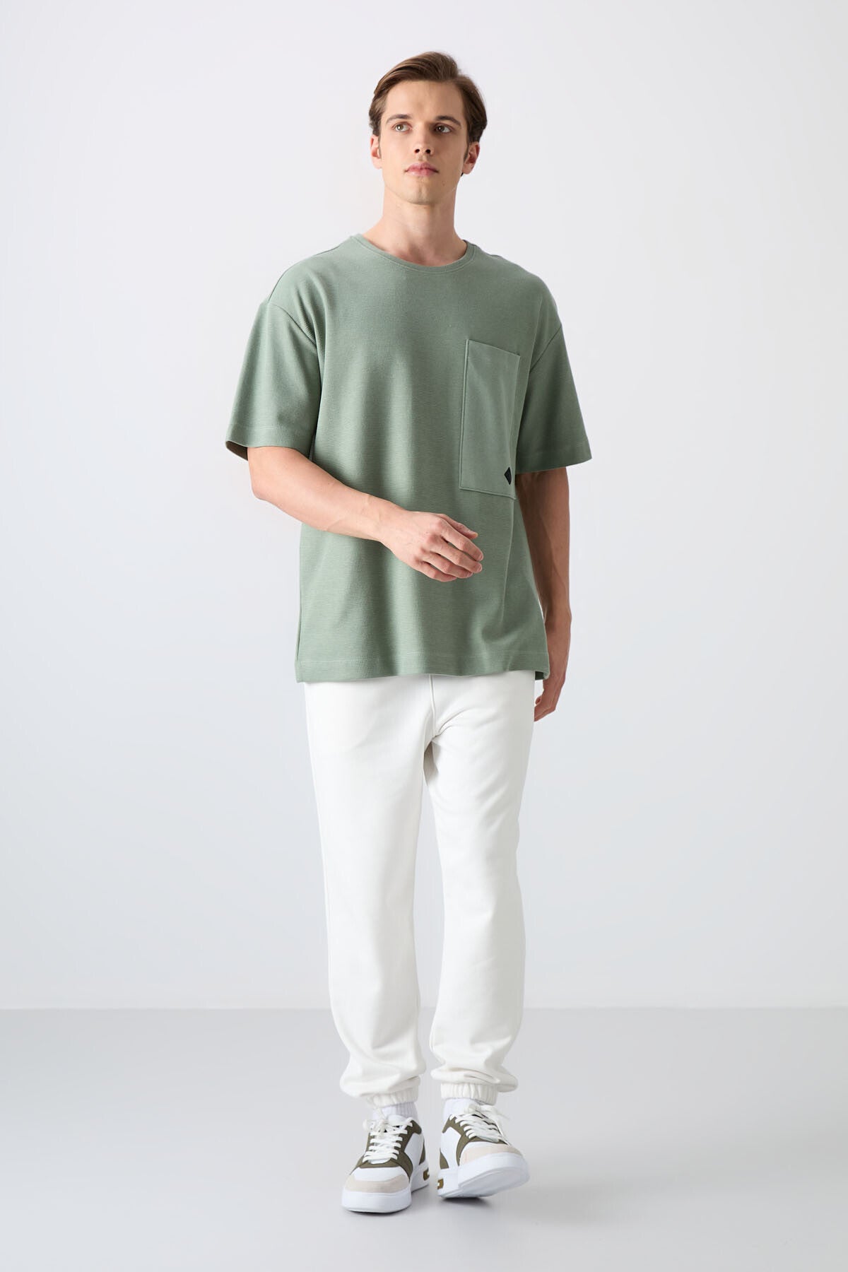Light Green Cotton Thick Textured Surface Oversize Fit Basic Men's T-Shirt - 88341