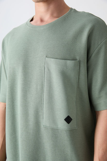 Light Green Cotton Thick Textured Surface Oversize Fit Basic Men's T-Shirt - 88341