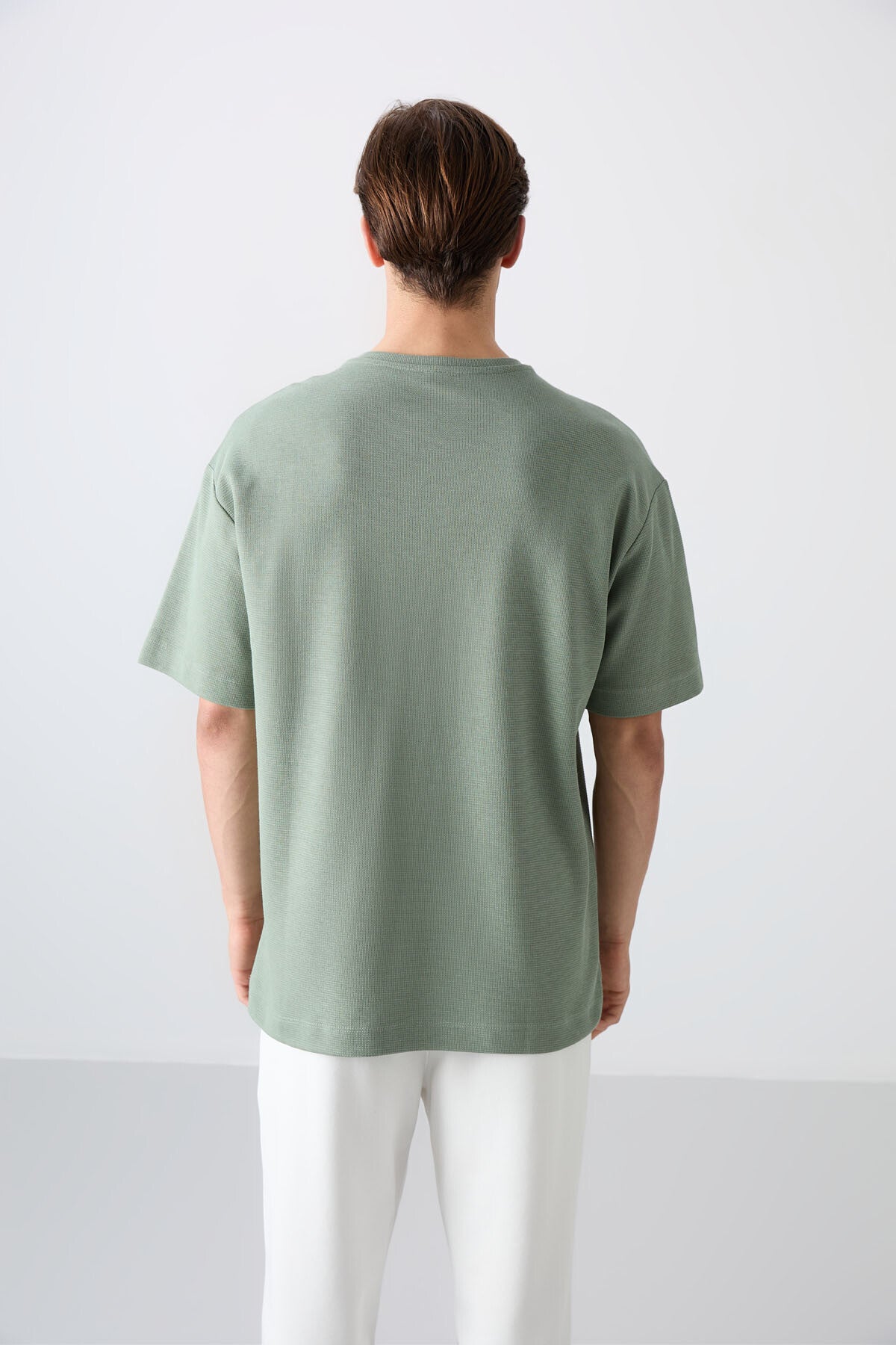 Light Green Cotton Thick Textured Surface Oversize Fit Basic Men's T-Shirt - 88341