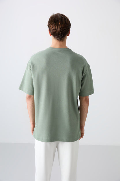Light Green Cotton Thick Textured Surface Oversize Fit Basic Men's T-Shirt - 88341