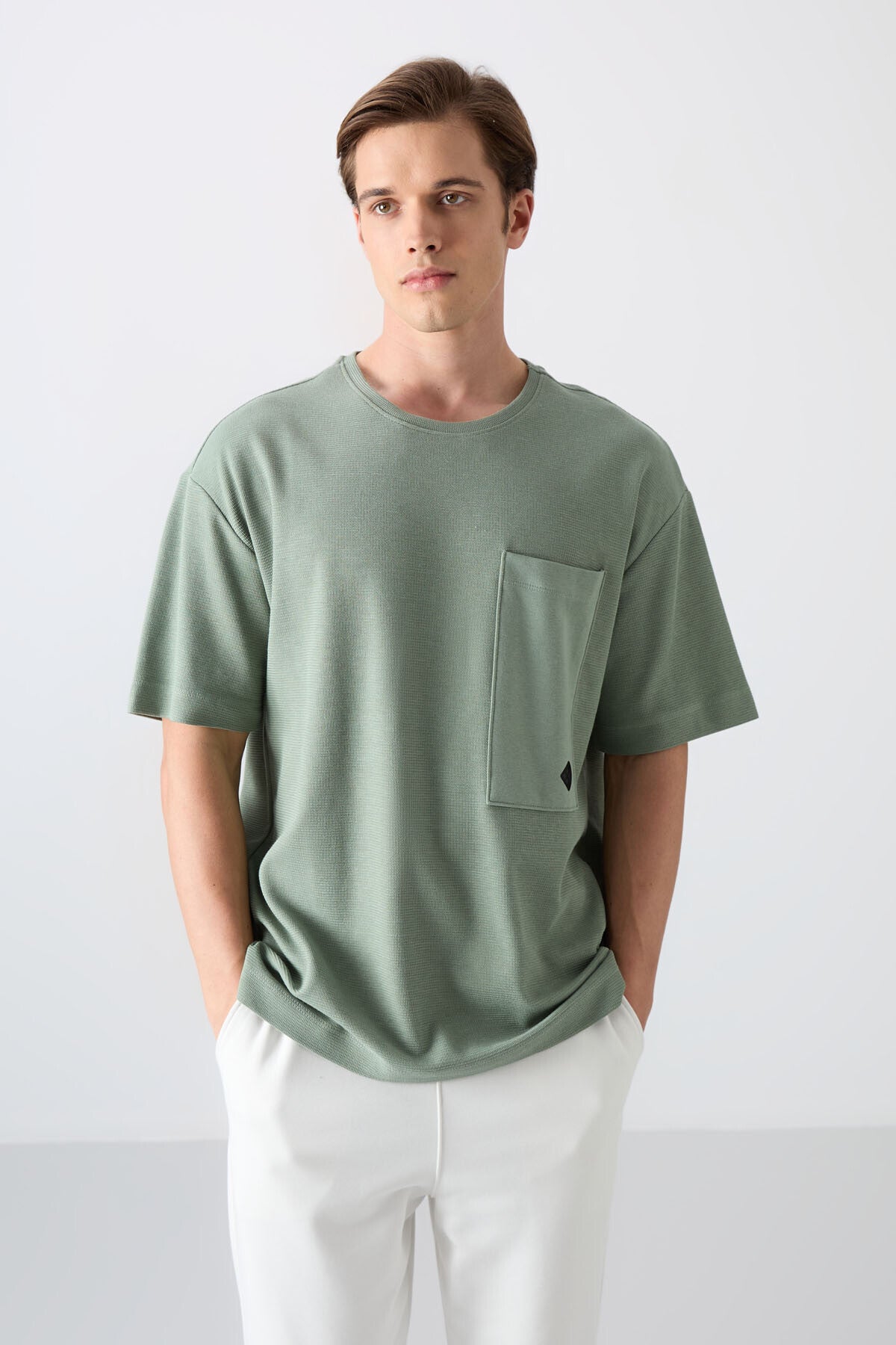 Light Green Cotton Thick Textured Surface Oversize Fit Basic Men's T-Shirt - 88341