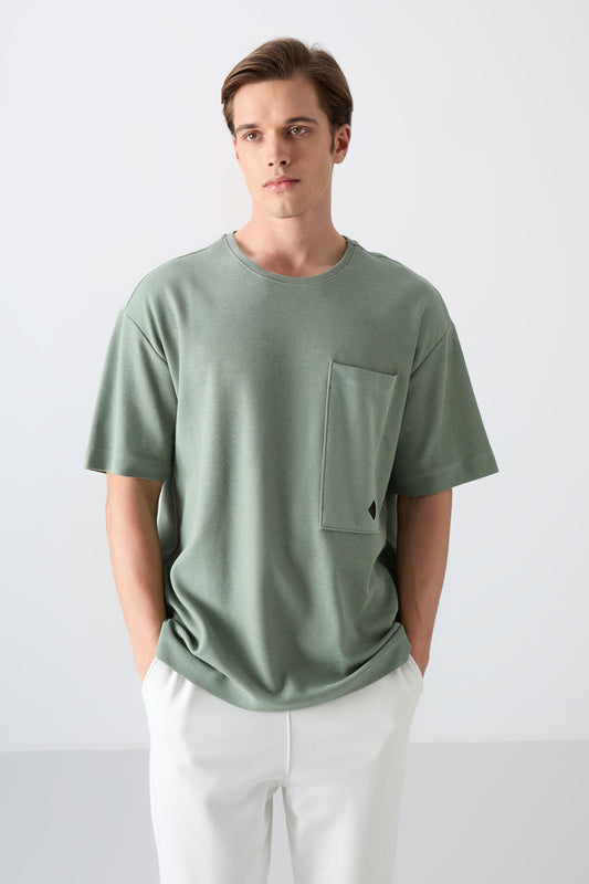 Light Green Cotton Thick Textured Surface Oversize Fit Basic Men's T-Shirt - 88341