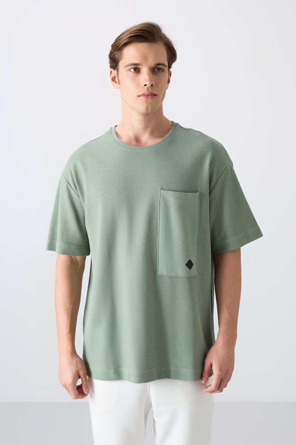 Light Green Cotton Thick Textured Surface Oversize Fit Basic Men's T-Shirt - 88341