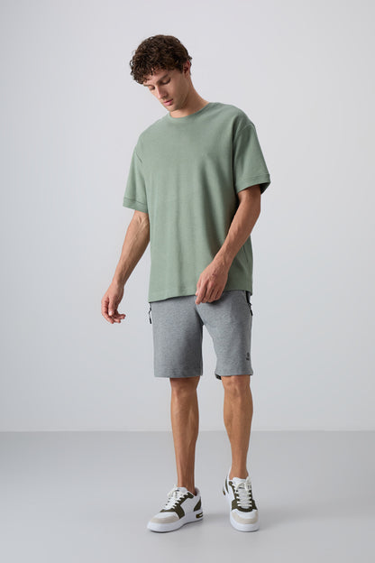 Light Green Cotton Thick Textured Surface Oversize Fit Basic Men's T-Shirt - 88339