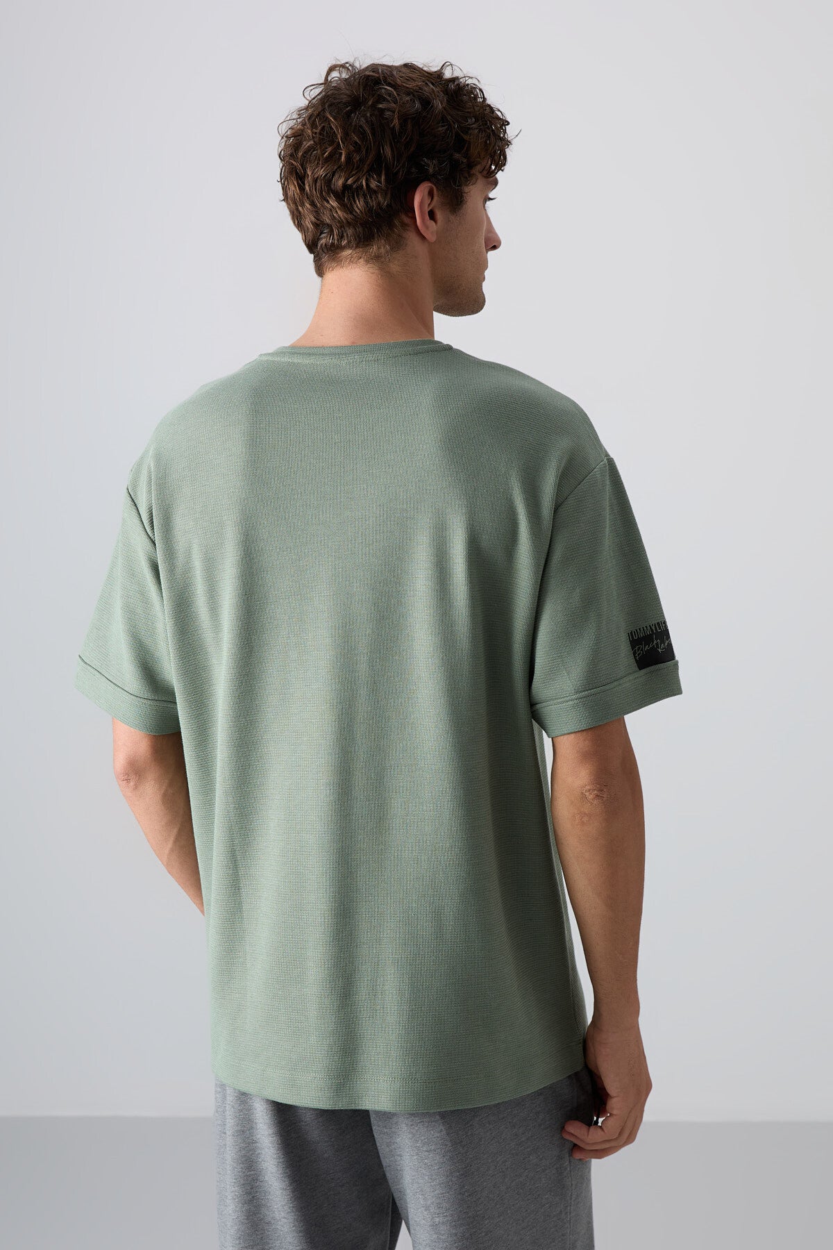 Light Green Cotton Thick Textured Surface Oversize Fit Basic Men's T-Shirt - 88339